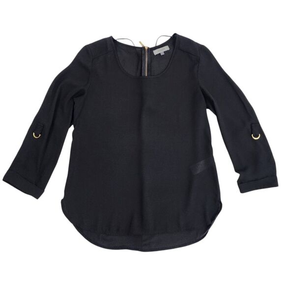 Apology London Black Top Blouse Back Gold Zip High-low Roll-tab Sleeve Size S - Picture 1 of 14
